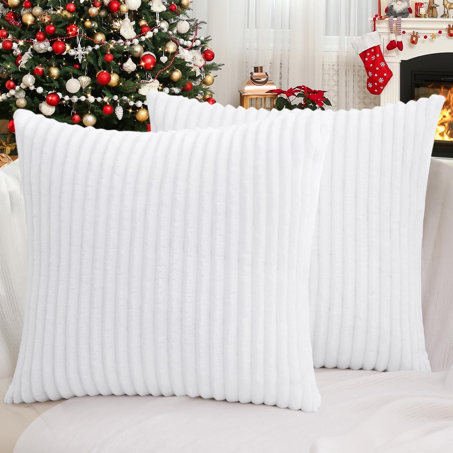 SimmoreHomeDecor Simmore Decorative Throw Pillow Covers 24x24 Set of 2, Soft Natural Plush Flannel Double-Sided Fluffy Couch Euro Sham Pill…