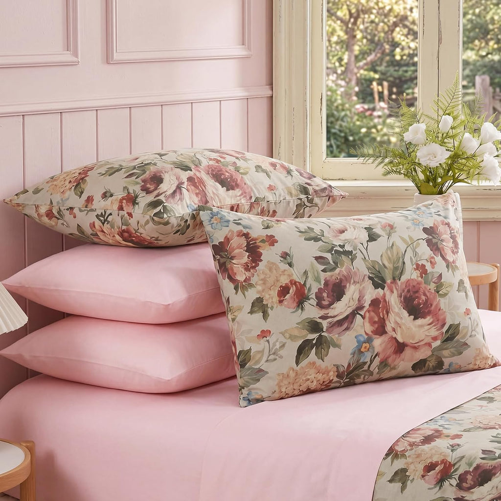 Bedorm Queen Size Pillow Covers Set of 2 Cotton Pillow Case Dark Pink Rose Flower Botanical Print Floral Pillowcases with Pocket Closure De…