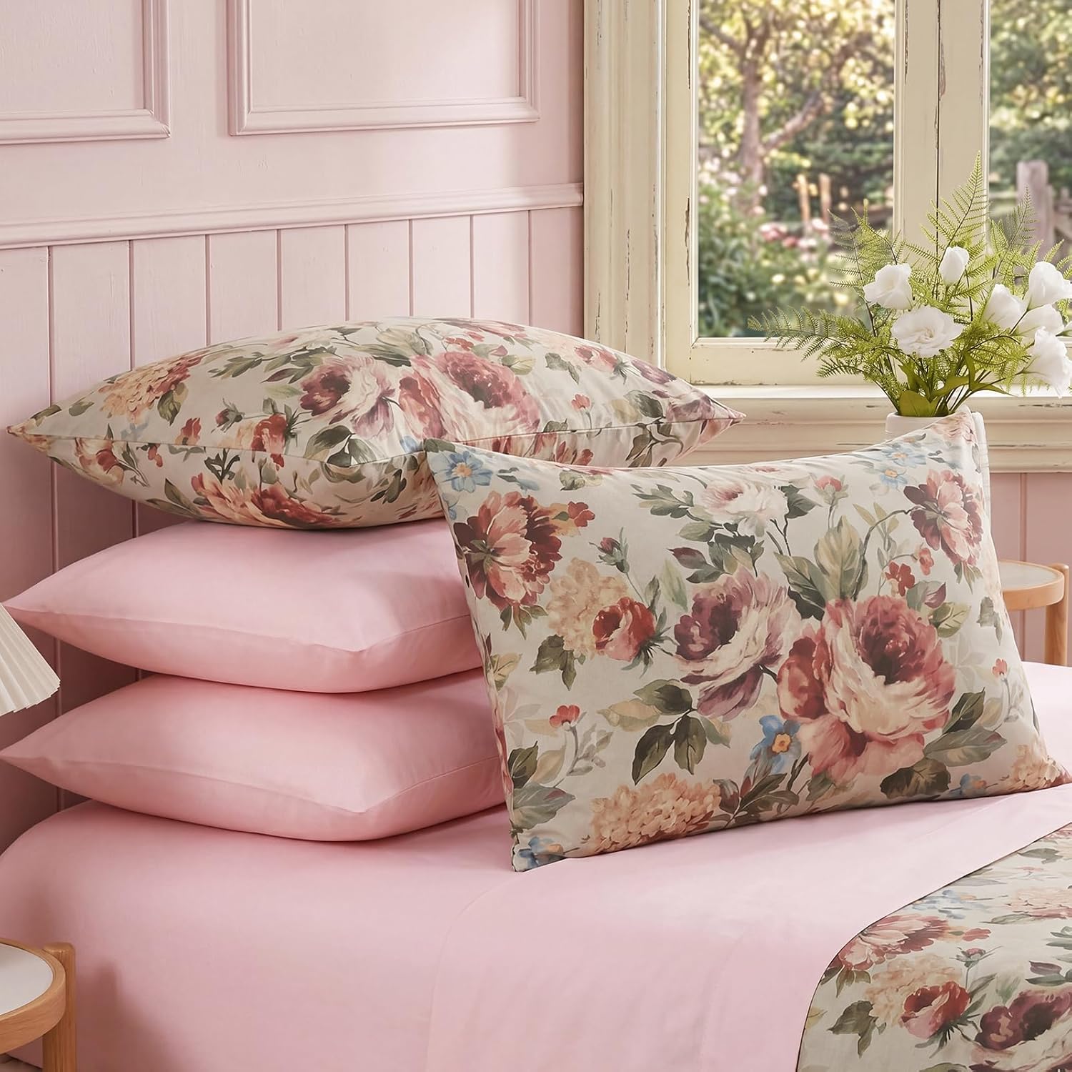 Bedorm Queen Size Pillow Covers Set of 2 Cotton Pillow Case Dark Pink Rose Flower Botanical Print Floral Pillowcases with Pocket Closure De…