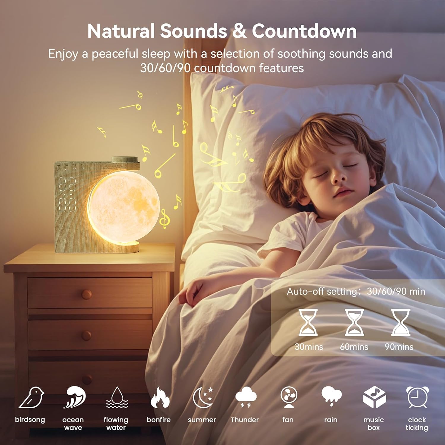 Rotating Moonlight Alarm Clock for Heavy Sleepers - Sunrise Simulation Wake-Up Light, Snooze, 10 Light Effects, 30/60/90 Timer, 10 Nature…
