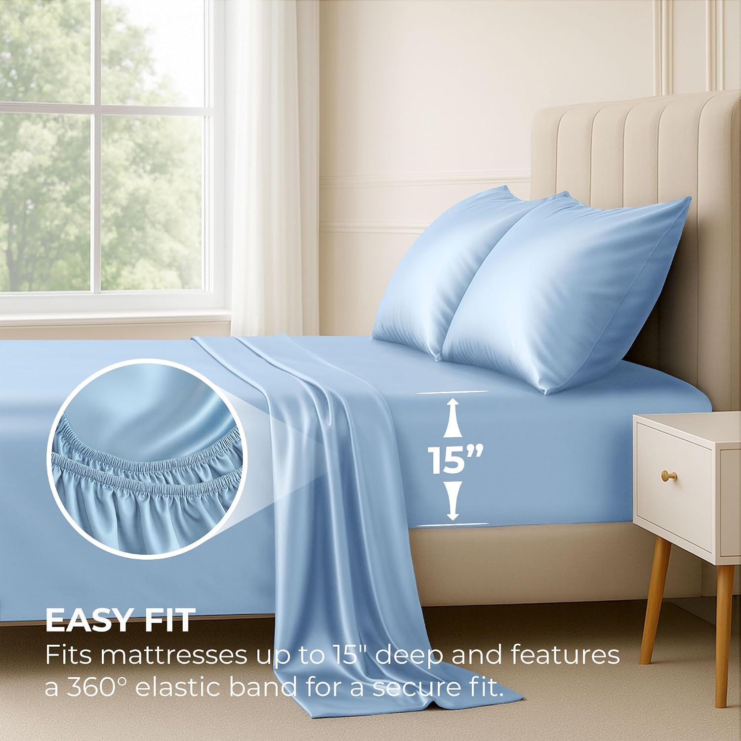 PureBedding Satin Sheets King [4-Piece, Baby Blue] Hotel Luxury Silky Bed Sheets - Extra Soft 1800 Microfiber Sheet Set, Wrinkle, Fade, Sta…