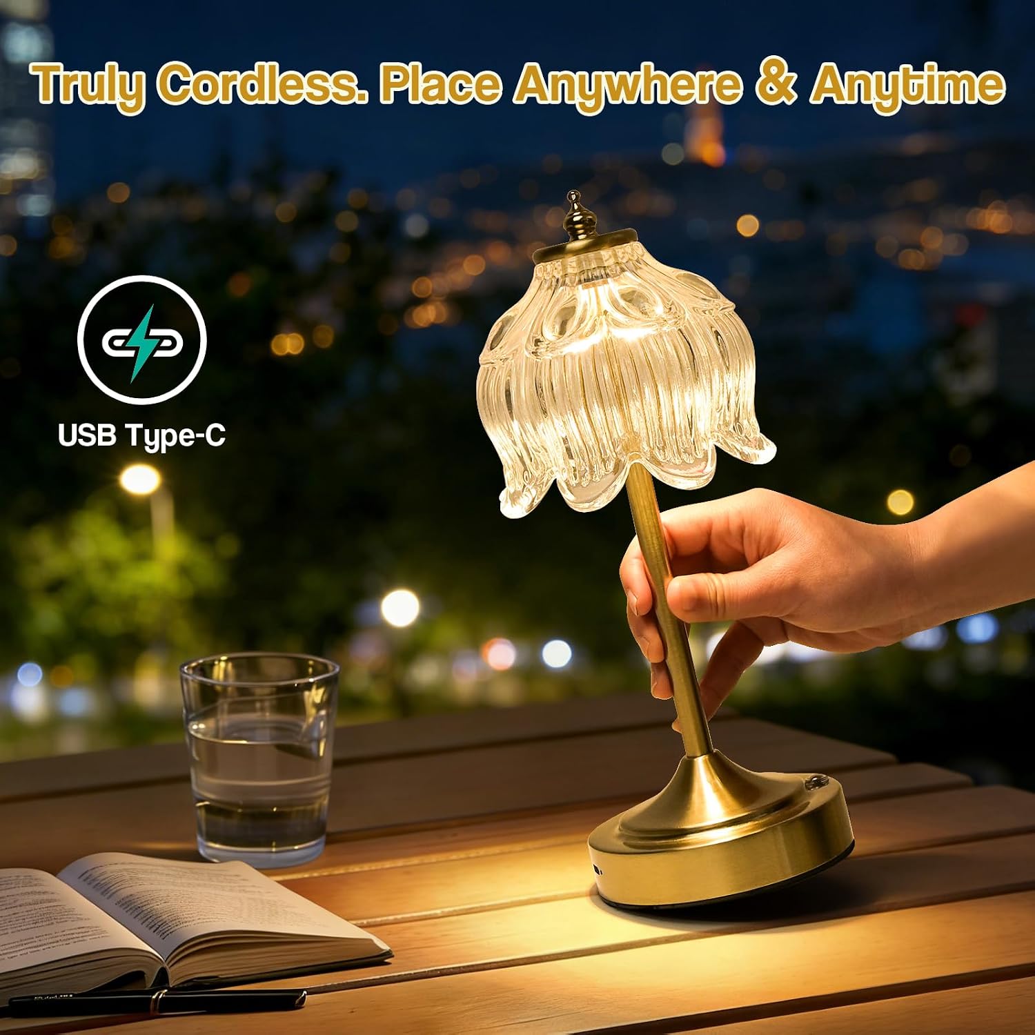 Cordless Lotus Flower Table Lamp, 5200mAh Rechargeable Battery Operated Portable Lamp, 3-Color Dimmable Touch Control Small Desk Lamp for…