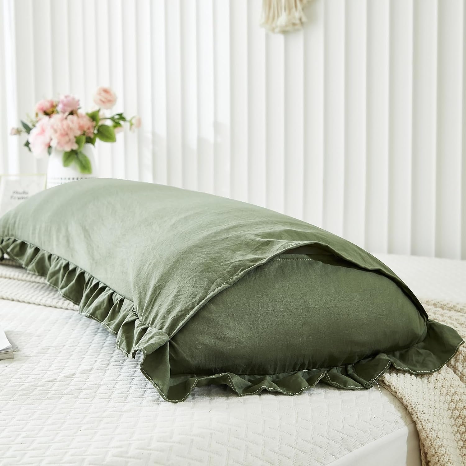 Merryword Shabby Chic Olive Green Body Pillow Cover - 20x54in Long Pillowcase with Ruffled Fringe Decor Green