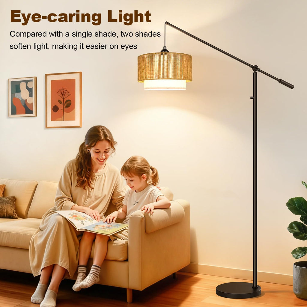 Upgraded】Boho Dimmable Floor Lamps with Adjustable Swing Arm, 1100 Lumens Bulb Included, Modern Arc Standing Lamp with Rattan & Fabric…