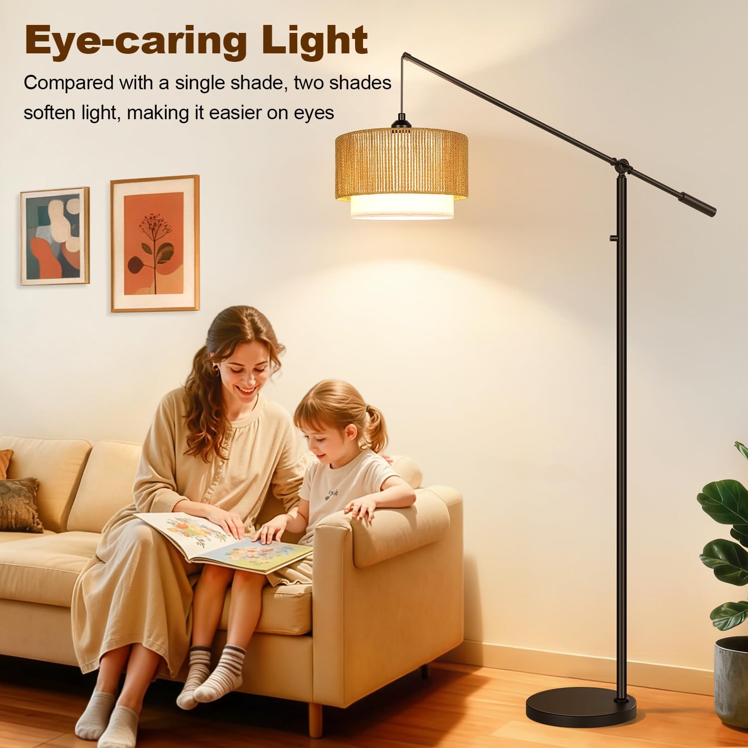 Upgraded】Boho Dimmable Floor Lamps with Adjustable Swing Arm, 1100 Lumens Bulb Included, Modern Arc Standing Lamp with Rattan & Fabric…