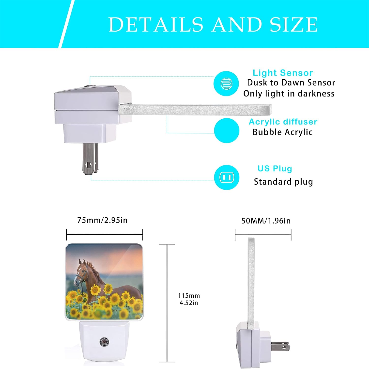 Horse Night Light, Sunflower Farm Animal Horses Plug-in Night Lights with Dusk-to-Dawn Sensor for Women/Girls/Boys Gift Sleep Friendly…
