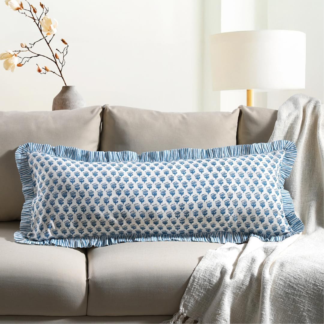 Cottonprintclub CPC Hand Block Print Apatite Blue Ruffle Sham Pillow Cover 36" x 14" inch Hidden Zipper Decorative Pillowcase for Couch, Be…