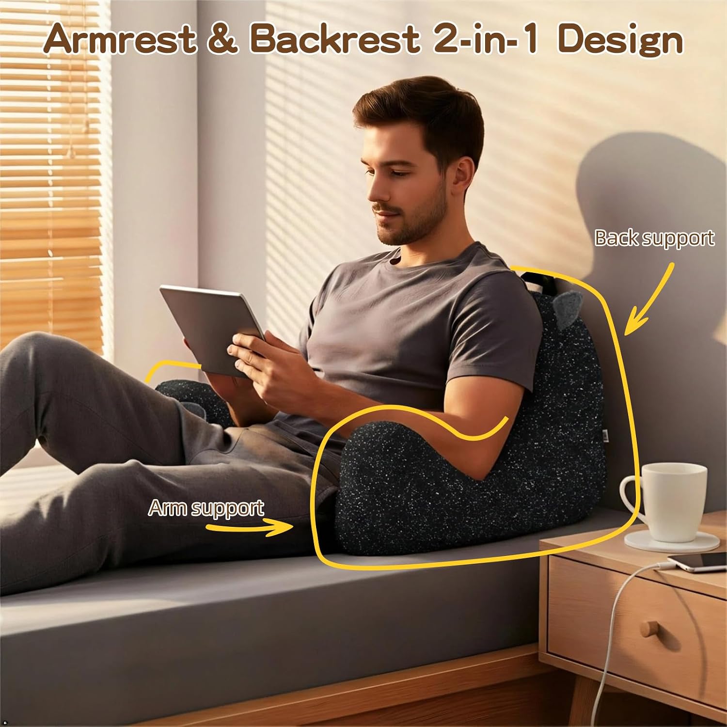 Ajicong Reading Pillow for Sitting in Bed Couch Teens/Adult, Back Rest Pillow for Sitting Up in Bed with Shredded Memory Foam, Includes Arm…