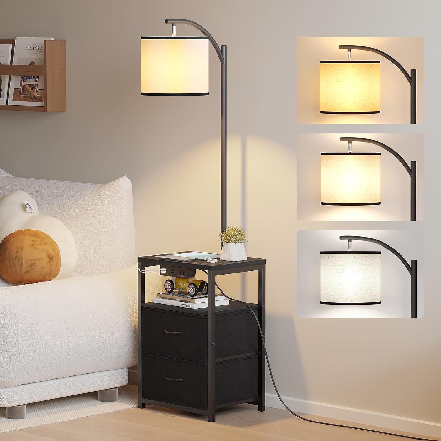 SUNMORY Floor Lamp with Table & 2 Drawers, Lamp with USB Port and Outlet, Lamps for Nightstand with 3 Color Temperature Led Bulb…