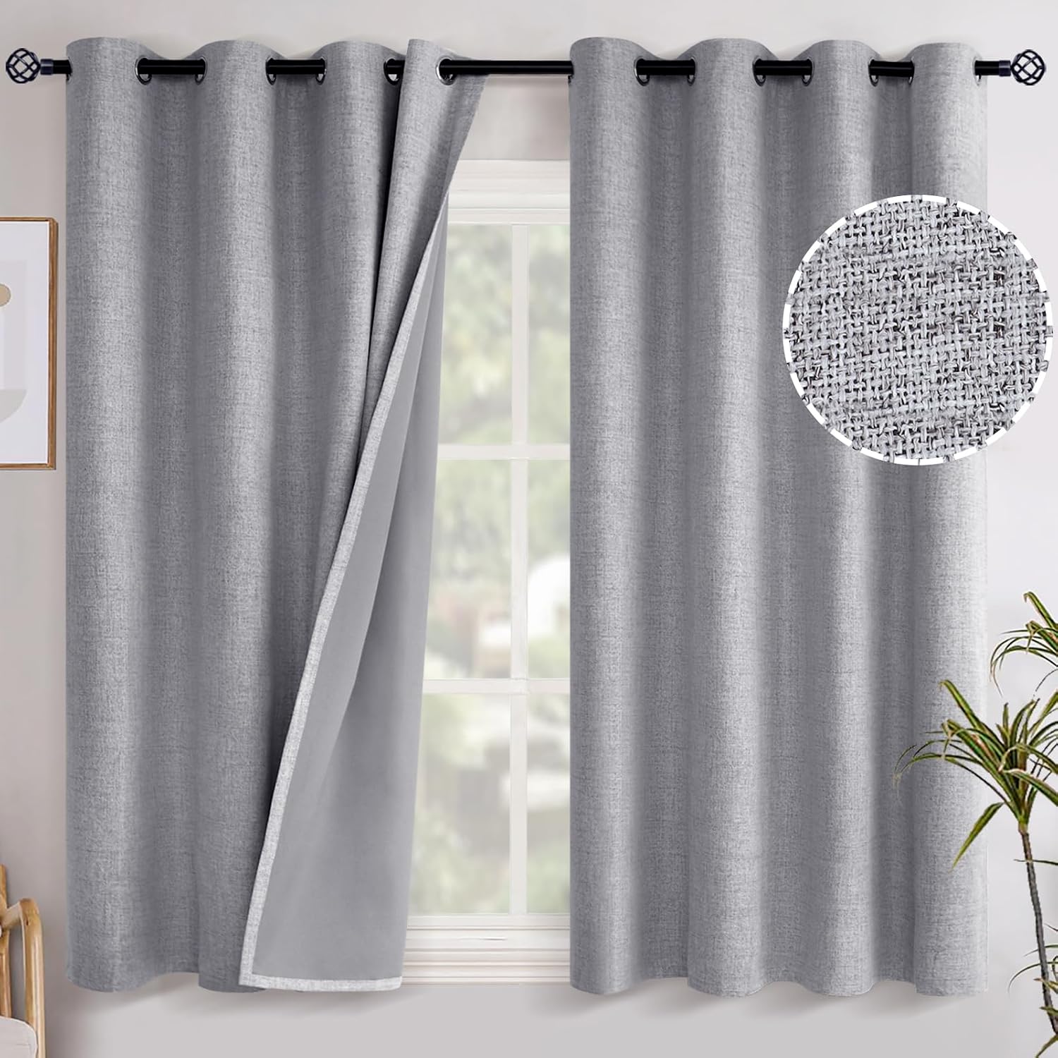 YoungsTex Grey Linen Curtains Blackout 45 Inches Long for Bedroom, Grommet Thermal Insulated Linen Textured Room Darkening Window Drapes fo…
