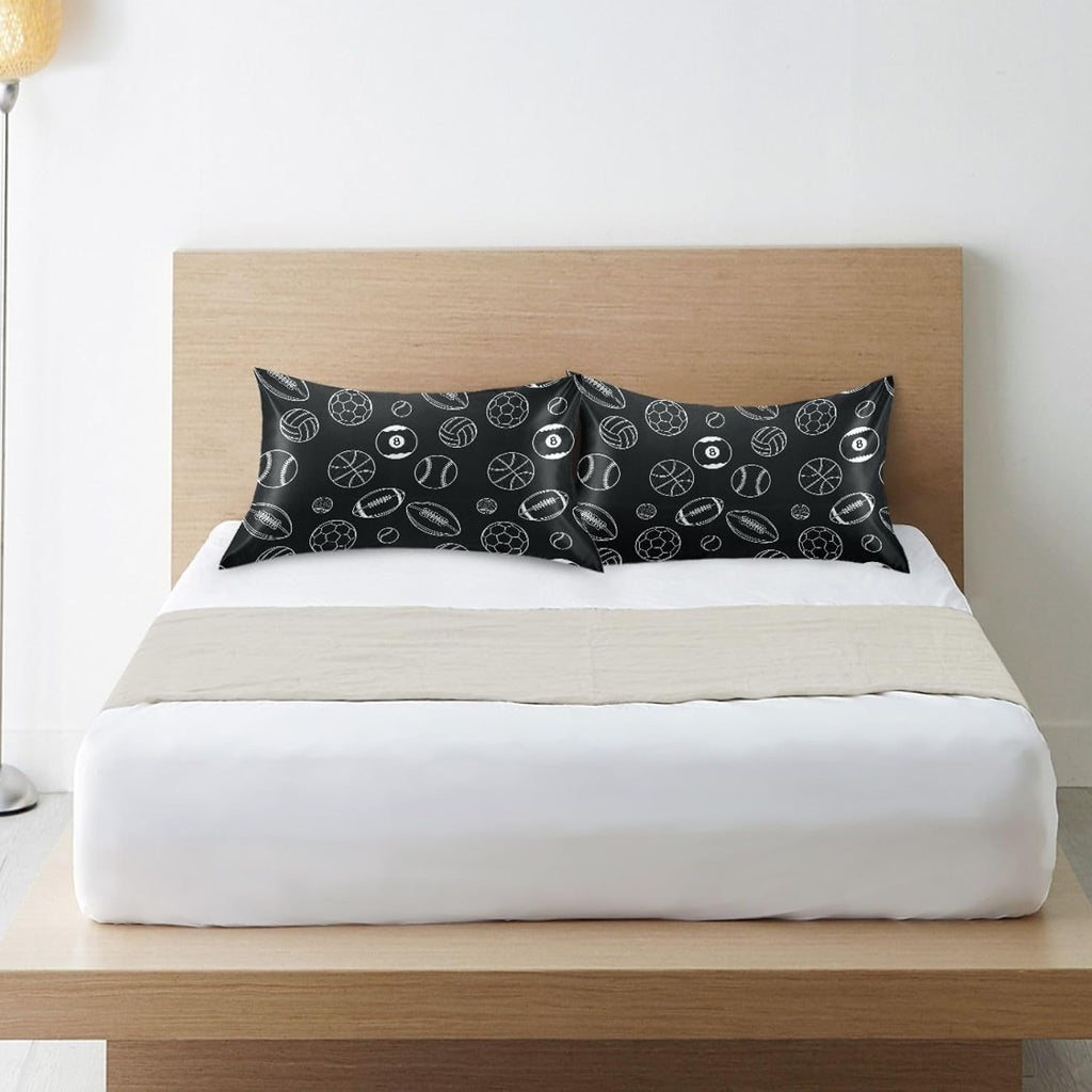 Soccer Balls Black Pillow Covers Silk Pillowcase for Hair and Skin Soft Breathable Smooth Cooling Satin Pillowcase King Size Pillow Case…