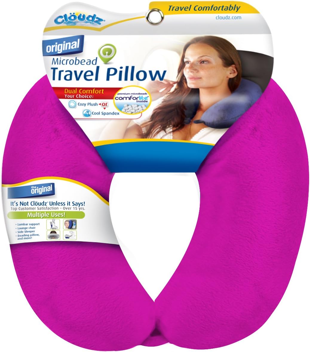 Cloudz Dual Comfort Microbead Airplane Travel Neck Pillow. Soft Cozy Plush Fabric on One Side, Cool Relaxing Spandex on The Other!…