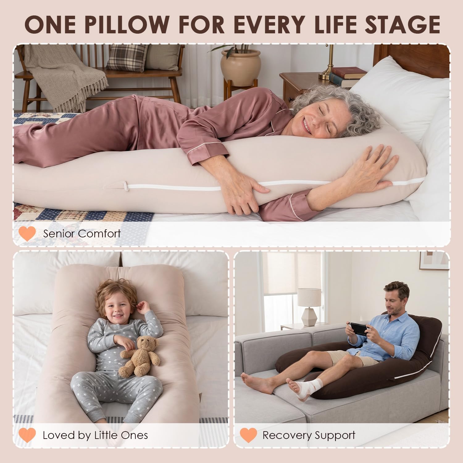 Queenrose QUEEN ROSE U Shaped Pregnancy Pillow, Breathable Cotton Full Body Support for Maternity, Coffee Cotton