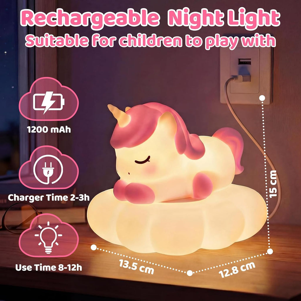 Mewaii Cloud Unicorn Night Light for Kids-Wireless Charging Cloud Base, 3-Level Dimmable 7-Color Changing & 30-Min Timer, Portable Girls Ni…