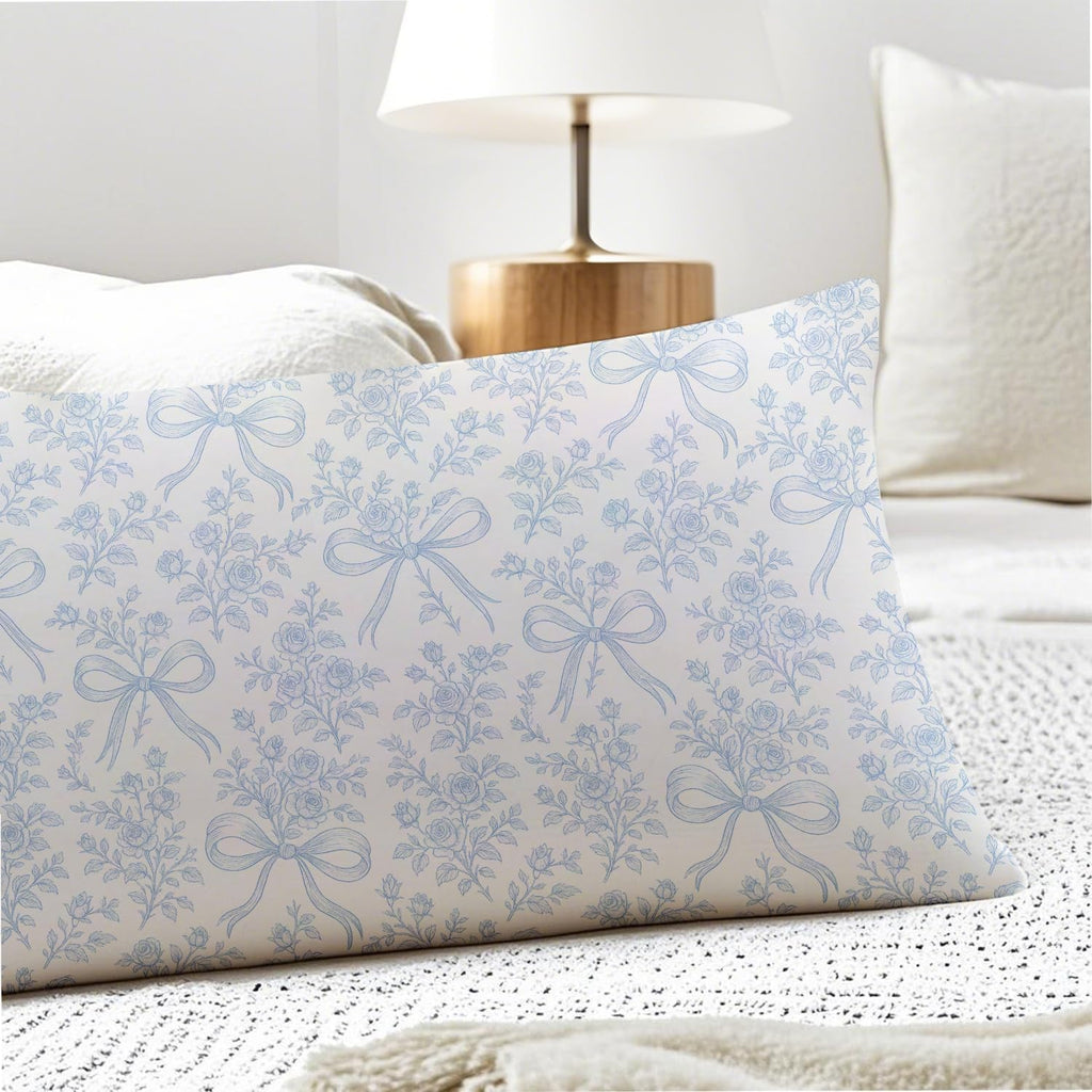 Coquette Blue Bow Chinoiserie Floral 20x54 Body Pillow Cover, Blue Coquette Room Decor, French Country Grandmillennial Blue and White…