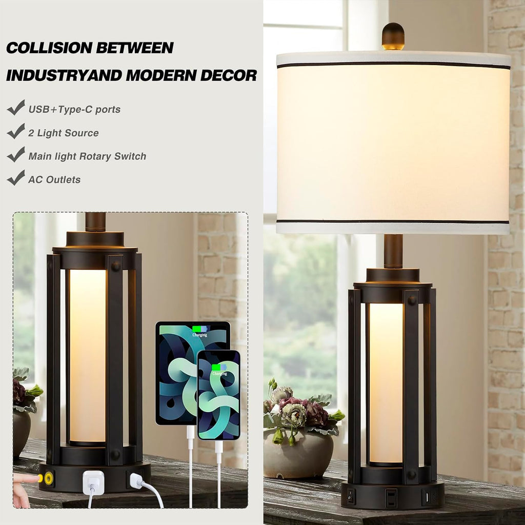 26" Modern Table Lamp with USB A+C Charging Ports & AC Outlet, Industrial Beside Contemporary Lamp Glass LED Night Light for Living Room…