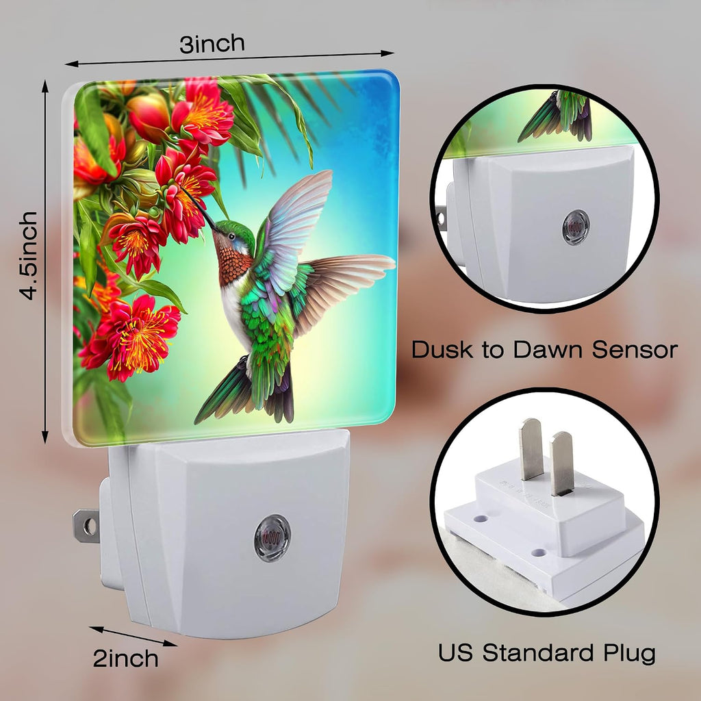 Hummingbird with Flowers Night Light for Kids, Red Tropical Floral Leaves Hummingbird Night Light Plug in with Dusk to Dawn Sensor,0.5w…