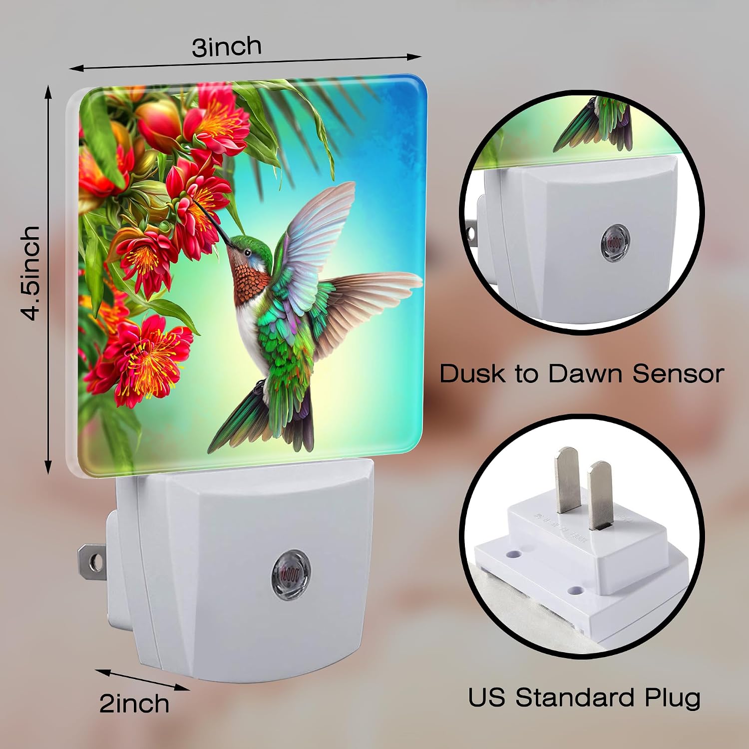 Hummingbird with Flowers Night Light for Kids, Red Tropical Floral Leaves Hummingbird Night Light Plug in with Dusk to Dawn Sensor,0.5w…