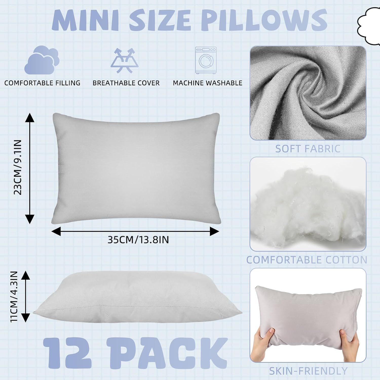 Kigley 12 Pack Mini Pillows for Daycare 9.1 x 13.8'' Small Travel Pillow Bulk Soft Breathable Cotton Pillow for Nap Travel Pet Neck…