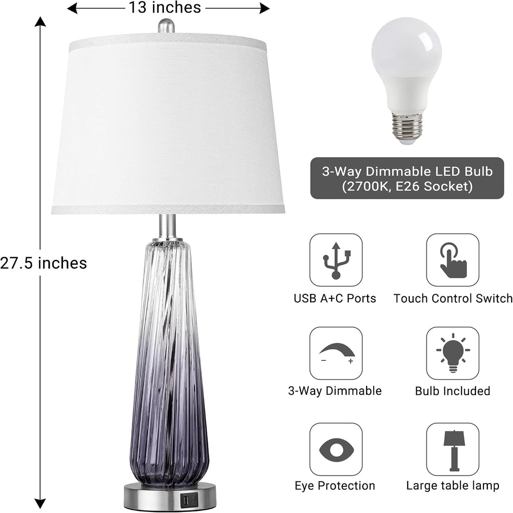 Glass Table Lamps for Living Room, Modern Bedside Lamps with USB A+C Ports, 3-Way Dimmable Touch Control Nightstand Lamp with White Linen…