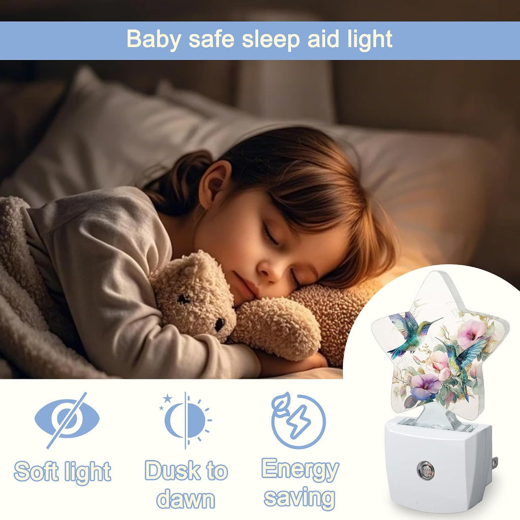 Snowmolle Hummingbird Bird Floral Night Lights Plug Into Wall, Vintage Flower Star Night Light for Kids, Nightlight with Dusk to Dawn Smart S…