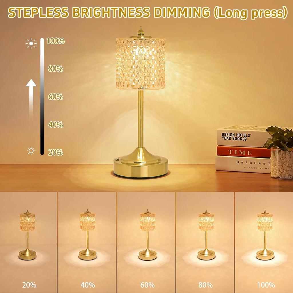 Cordless Crystal Table Lamp, 5200mAh Rechargeable Battery, 3 Color Dimmable Touch Control, Portable Vintage Gold Desk Lamp for Bedroom…