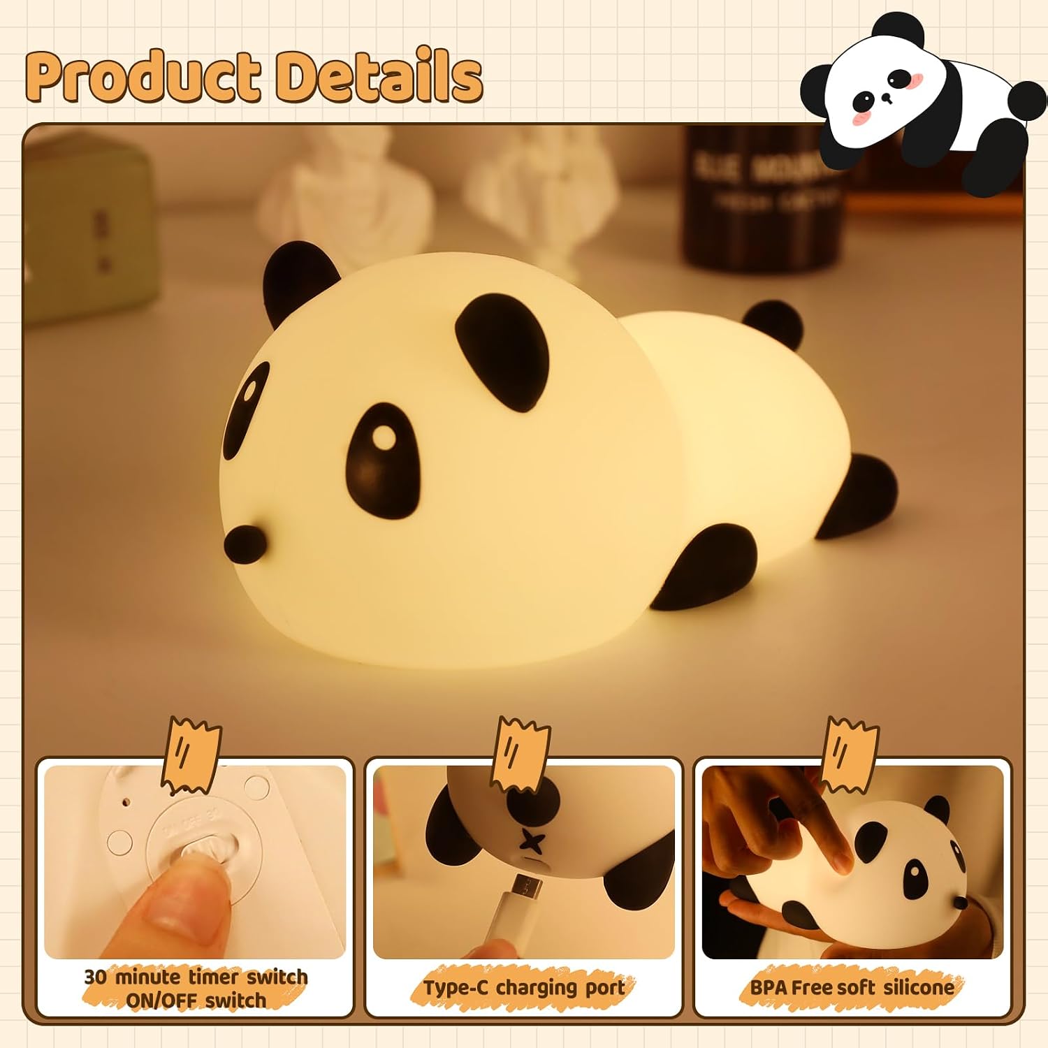 Saluoke Panda Night Light for Kids: Squishy Silicone Animal Light,7 Soft Colors, Tap Control, Rechargeable, Sleep Timer, Battery Baby Nightligh…