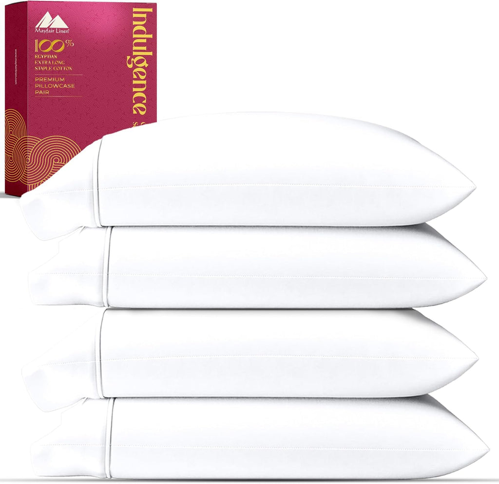 Mayfair Linen 100% Egyptian Cotton Pillow Cases Queen Size Set of 4 - Luxury 1200 Series Standard/Queen Pillow Cases (White, 2 Pair)…