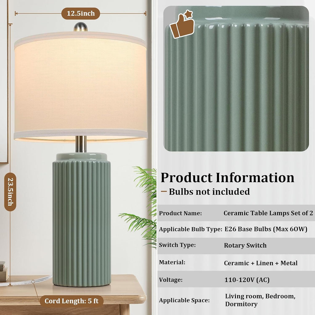 Tobusa 23.5’’ Modern Green Ceramic Table Lamps Set of 2 for Living Room, Farmhouse Ceramic Bedside Nightstand Lamps for Bedroom, Vintage De…
