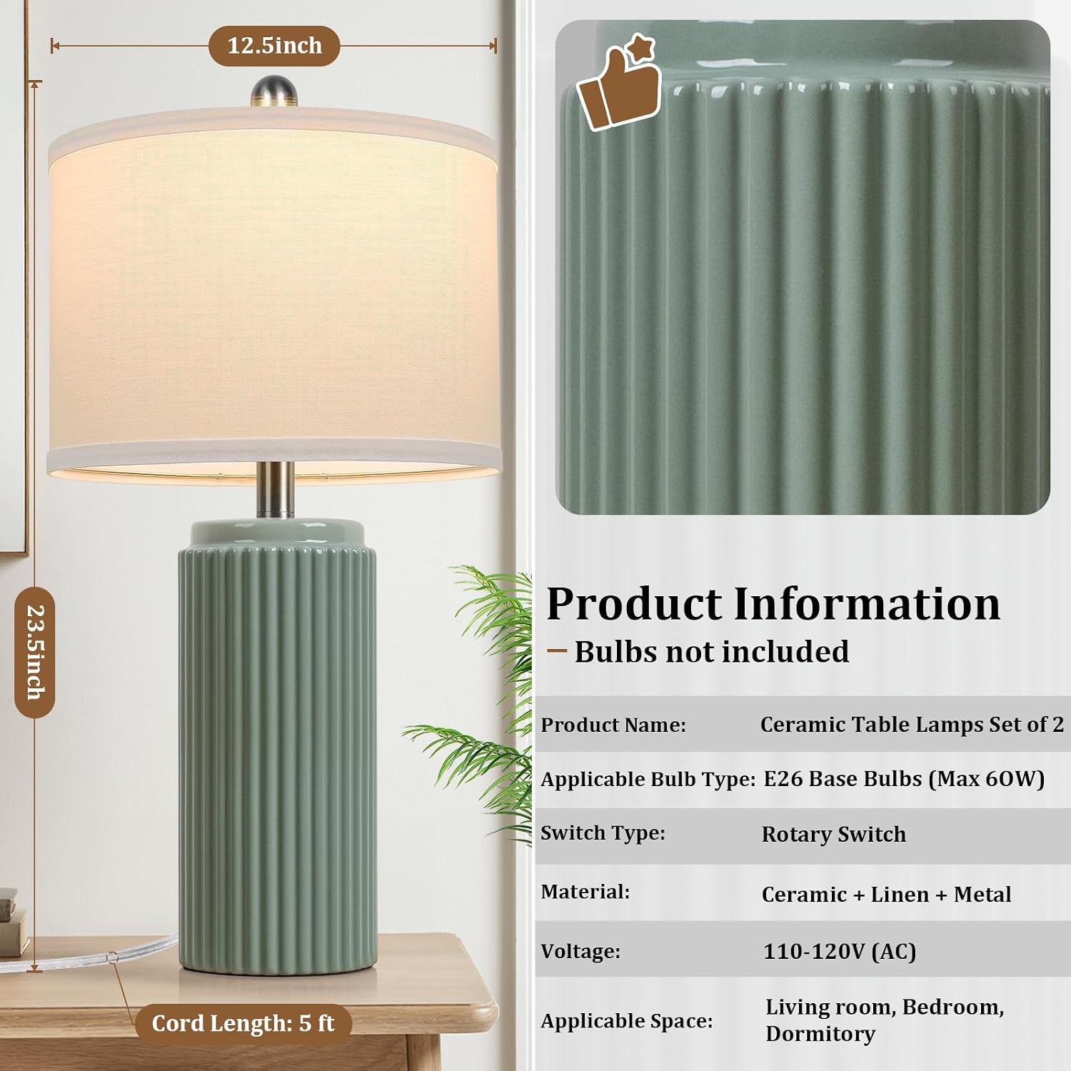 Tobusa 23.5’’ Modern Green Ceramic Table Lamps Set of 2 for Living Room, Farmhouse Ceramic Bedside Nightstand Lamps for Bedroom, Vintage De…