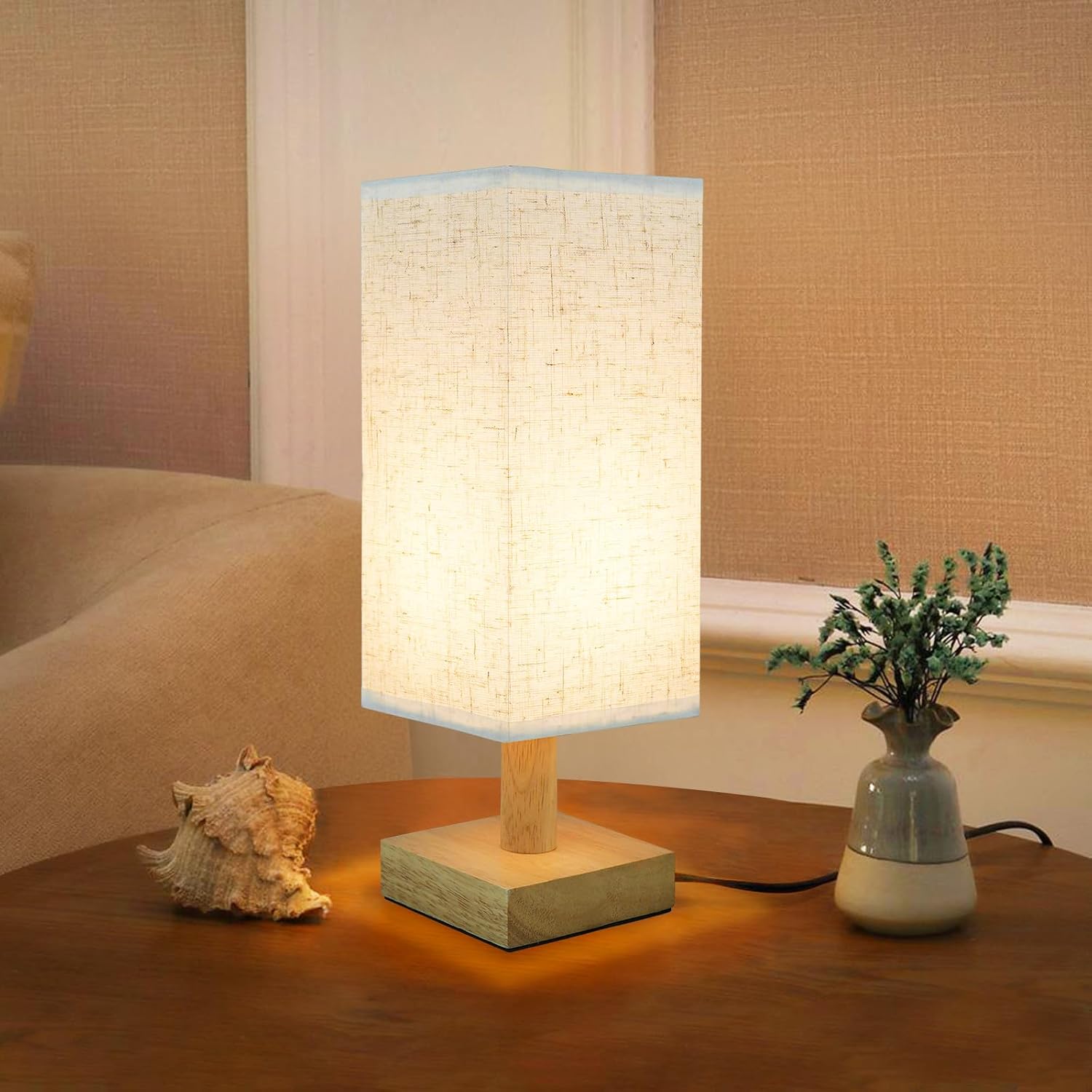Small Bedside Table Lamp for Bedroom, Minimalist Nightstand Lamp with Square Fabric Linen Shade, Mini Cute Study Reading Desk Lamp Night…