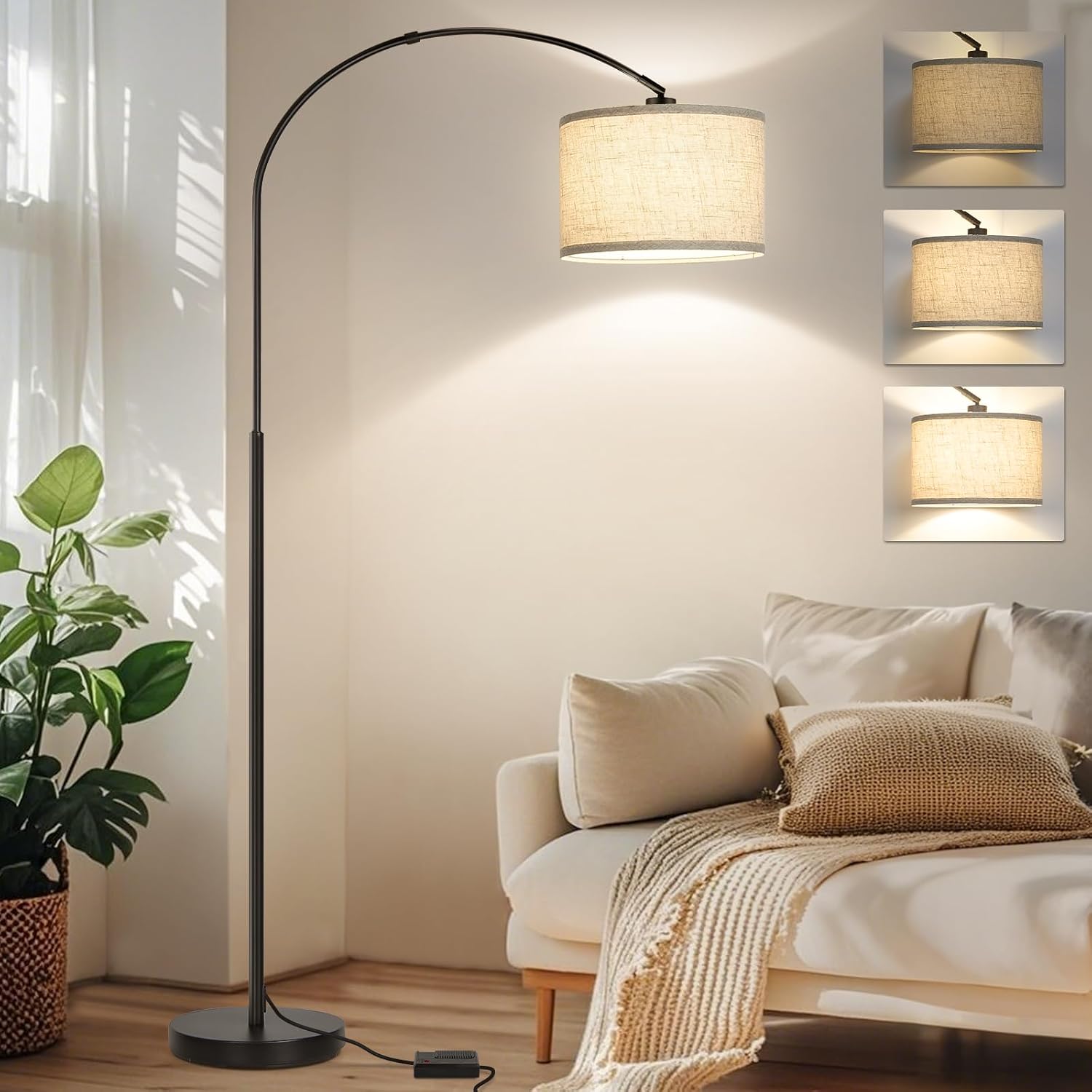 Dimmable Floor Lamp, Arc Floor Lamp with Dimmer, Black Standing Lamp with Adjustable Hanging Shade, Over Couch Tall Reading Light, Modern…