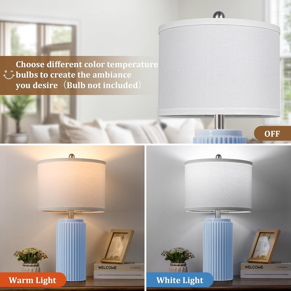 Tobusa 23.5’’ Sky Blue Farmhouse Table Lamps for Living Room Set of 2, Modern Elegant Ceramic Bedside Nightstand Lamps with White Linen Sha…