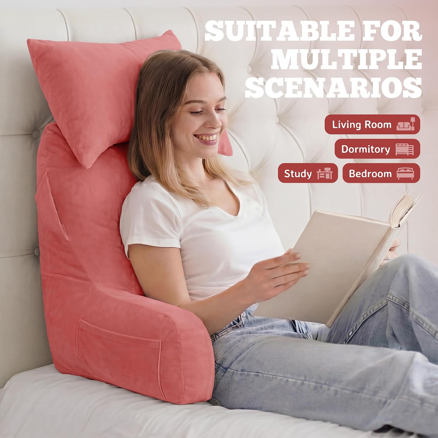 Unisakey Portable Reading Pillows with Headrest for Bed Sitting Up(Dark Pink Oeko-Tex), Velvet Back Pillow with Arms & Pockets for…