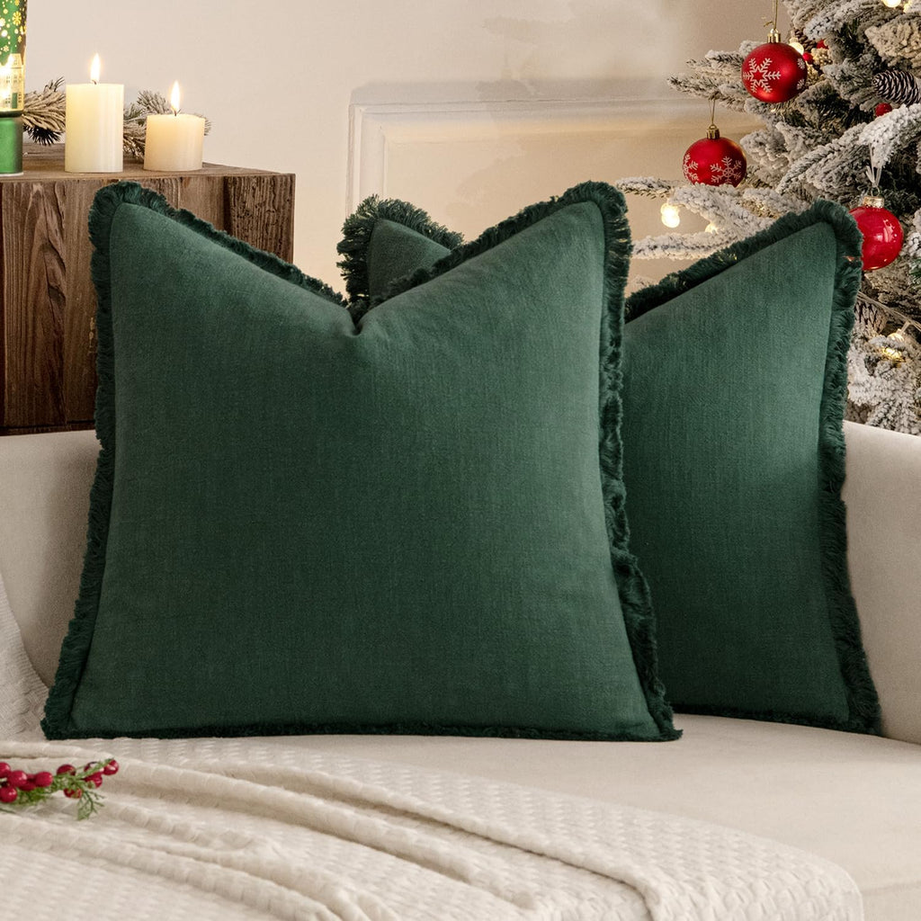 Miulee Decorative Throw Pillow Covers Neutral Linen Fringe Throw Pillows Set of 2 Army Green Boho Farmhouse Cushion Covers with Tassels for…