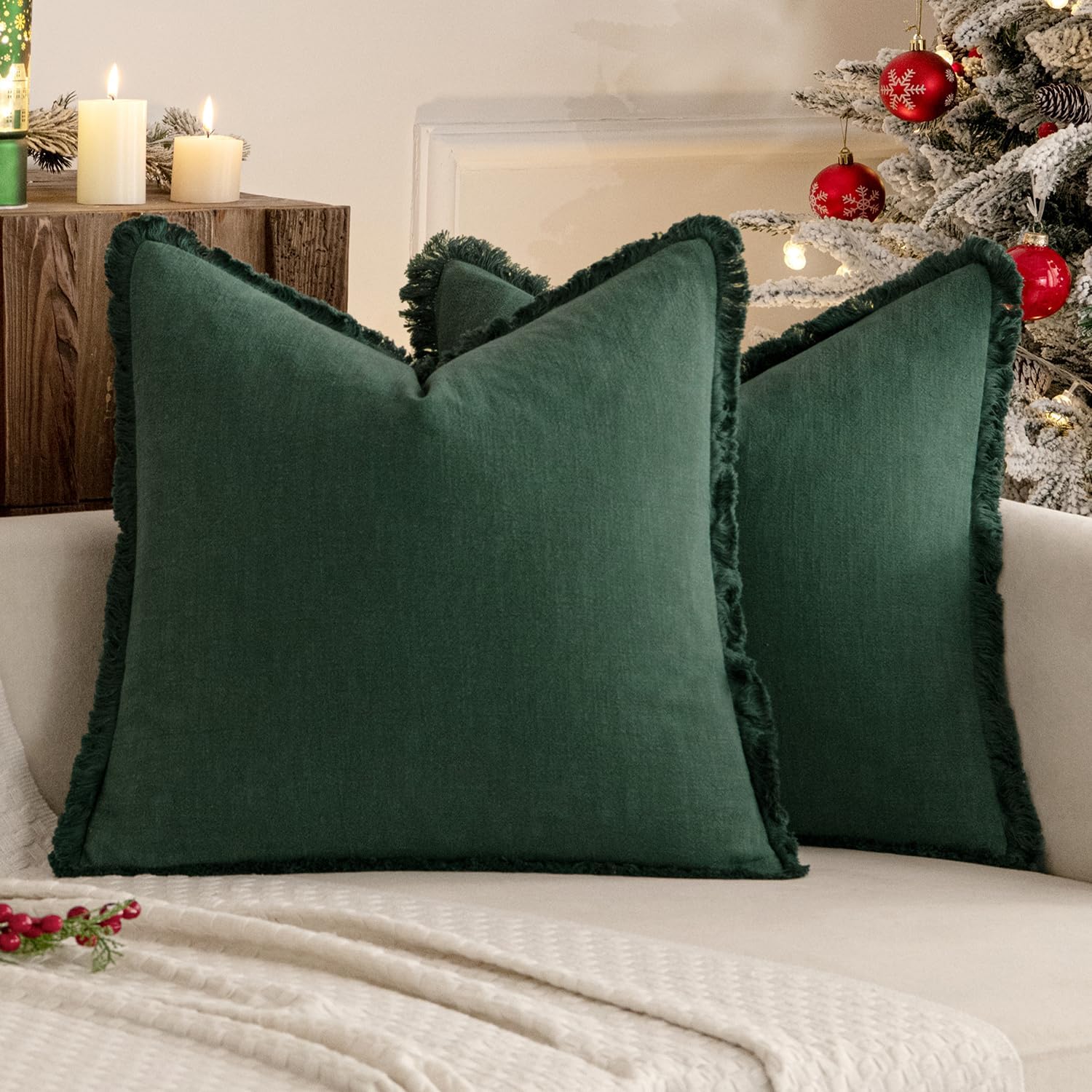 Miulee Decorative Throw Pillow Covers Neutral Linen Fringe Throw Pillows Set of 2 Army Green Boho Farmhouse Cushion Covers with Tassels for…