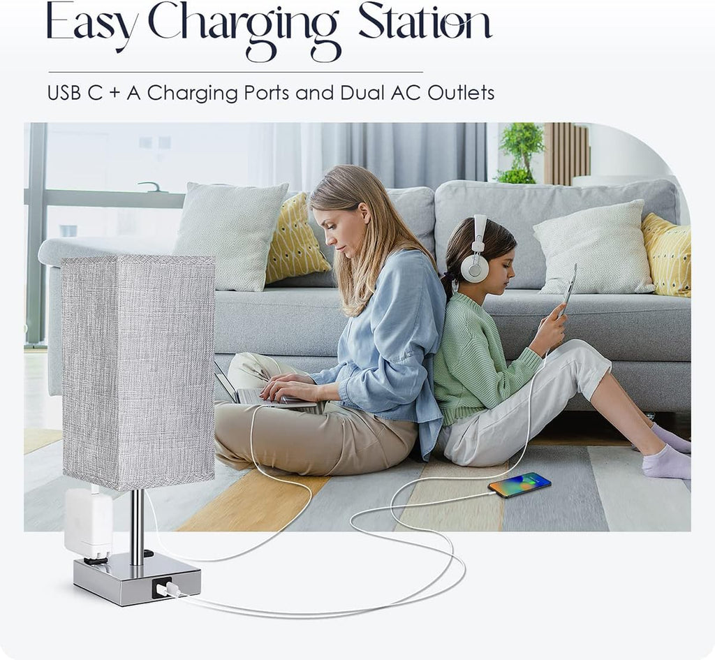 Bedside Lamp with USB Ports - Touch Control Table Lamp for Bedroom with USB C+A Charging Ports & AC Outlets, 3 Way Dimmable Nightstand…
