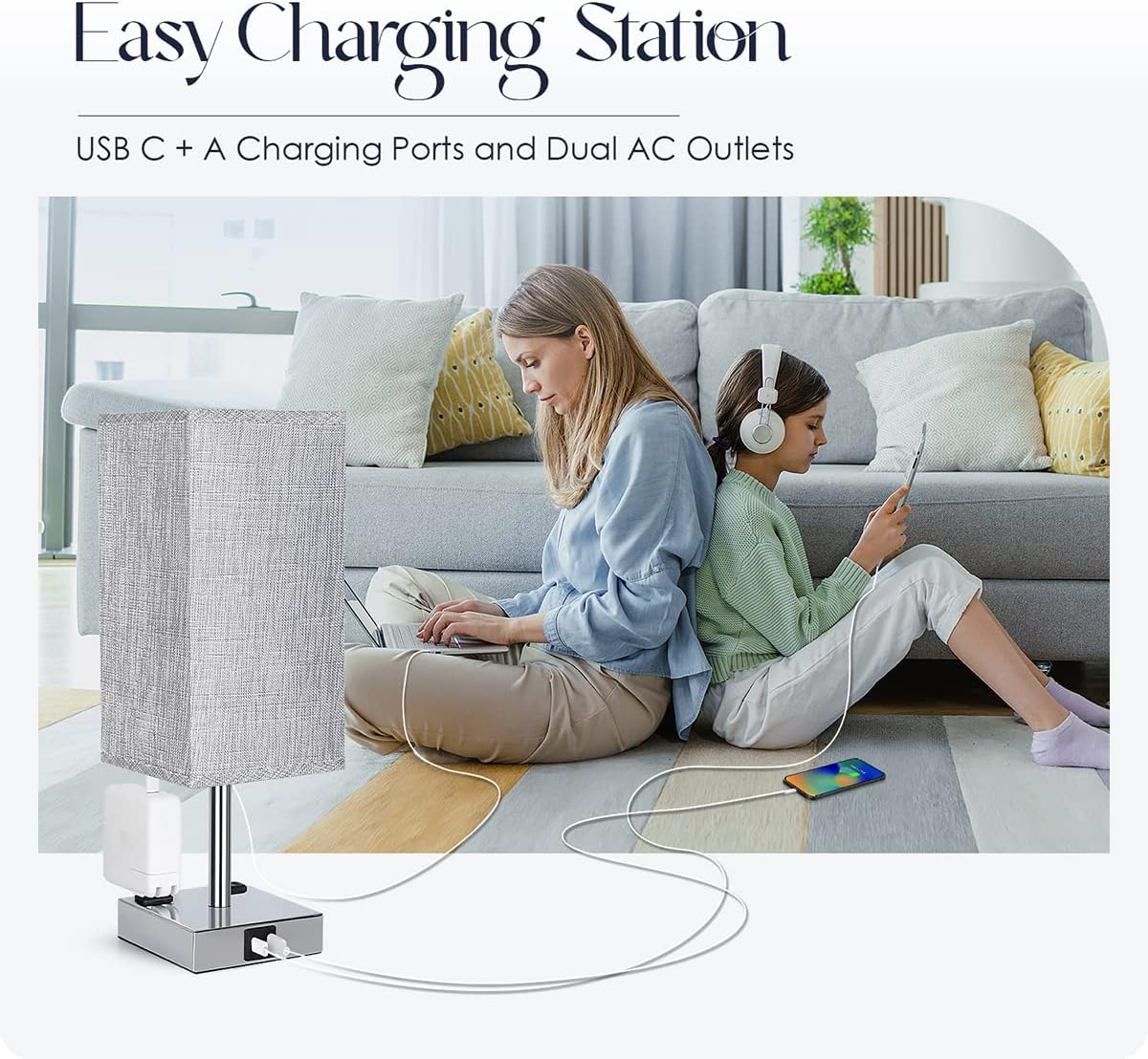 Bedside Lamp with USB Ports - Touch Control Table Lamp for Bedroom with USB C+A Charging Ports & AC Outlets, 3 Way Dimmable Nightstand…
