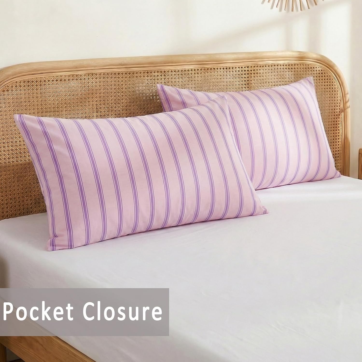 Merryword 100% Cotton Pillow Cases, Queen Size Pillowcases, Pink & Purple Striped Pillowcases, Luxury Linen Like Pillowcase, Soft Breathabl…