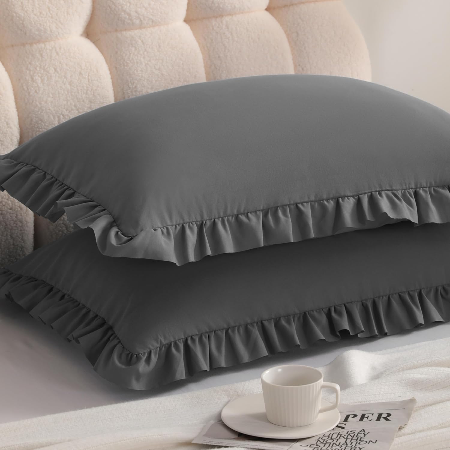Aerlomi Ruffled Pillowcases, Queen Pillow Shams 20x30 Set of 2, Brushed Microfiber with Envelope Closure, Soft Wrinkle-Resistant, Da…