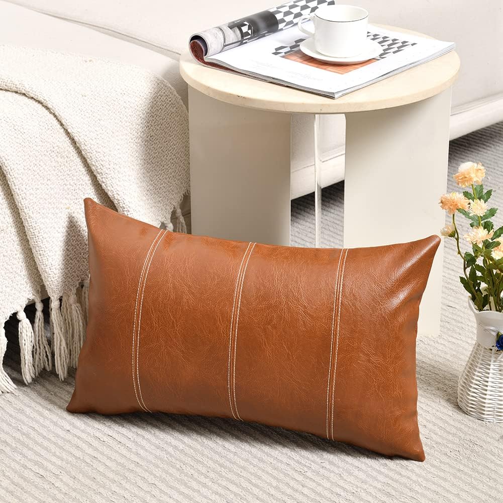 Fancy Homi Brown Boho Lumbar Faux Leather Decorative Throw Pillow Covers 16x24 Inch for Living Room Couch Bed Sofa, Hand Stitched…
