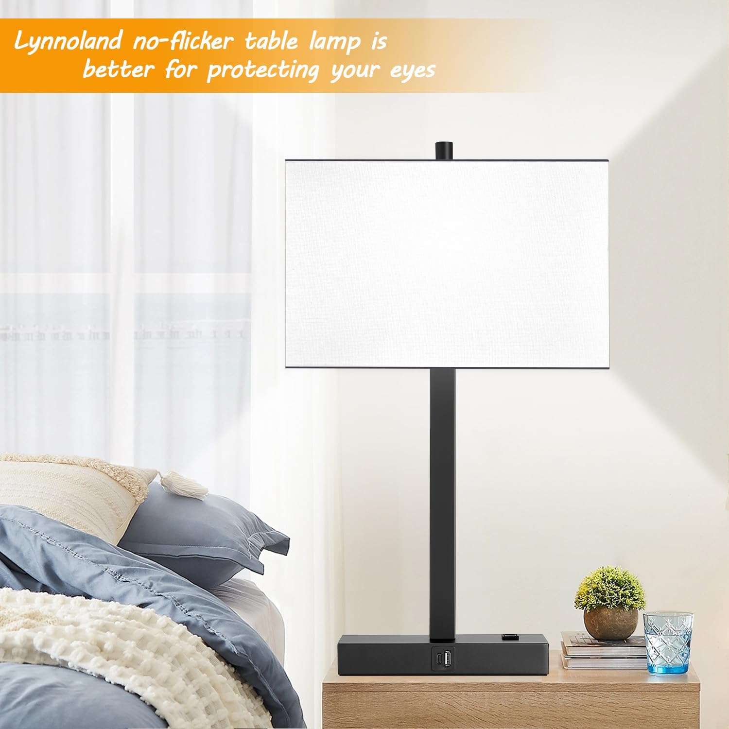 Lynnoland 21" Set of 2 Table lamp with USB A+C & AC Outlets, Touch Control 3-Way Dimmable Nightstand Lamps for Bedroom Living Room Office…