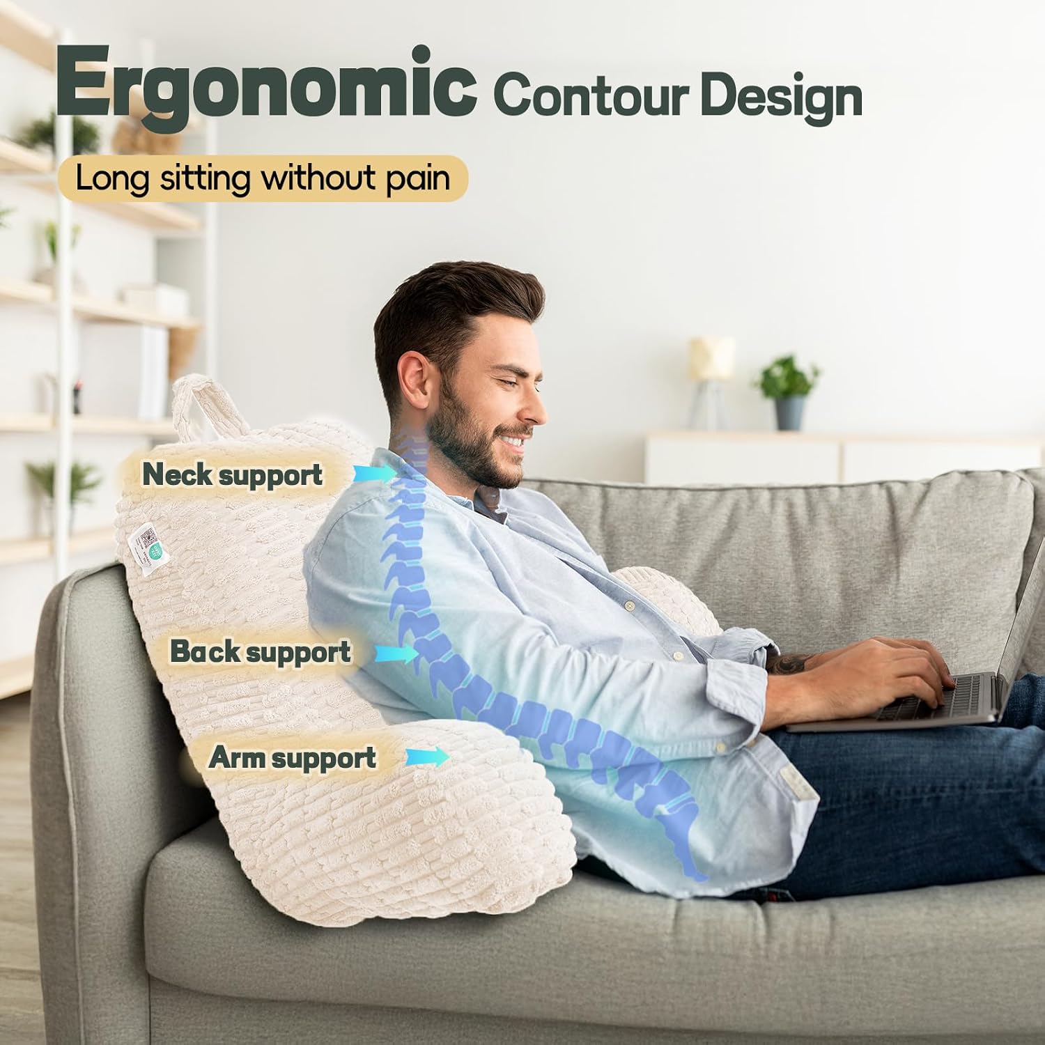 Luisof 21" Higher Large Reading Pillow for Bed Adult, Back Pillow for Bed Sitting Up with Memory Foam Back Support with Arms Rest for Couch…