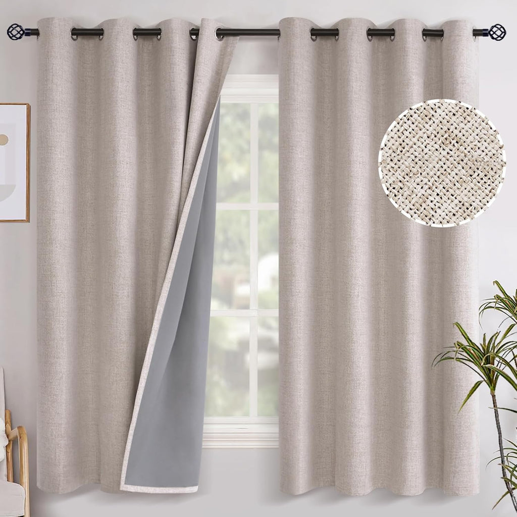 YoungsTex Linen Blackout Curtains 63 Inch Length for Bedroom, Room Darkening Window Drapes with Grommet Thermal Insulated Black Out Blinds…