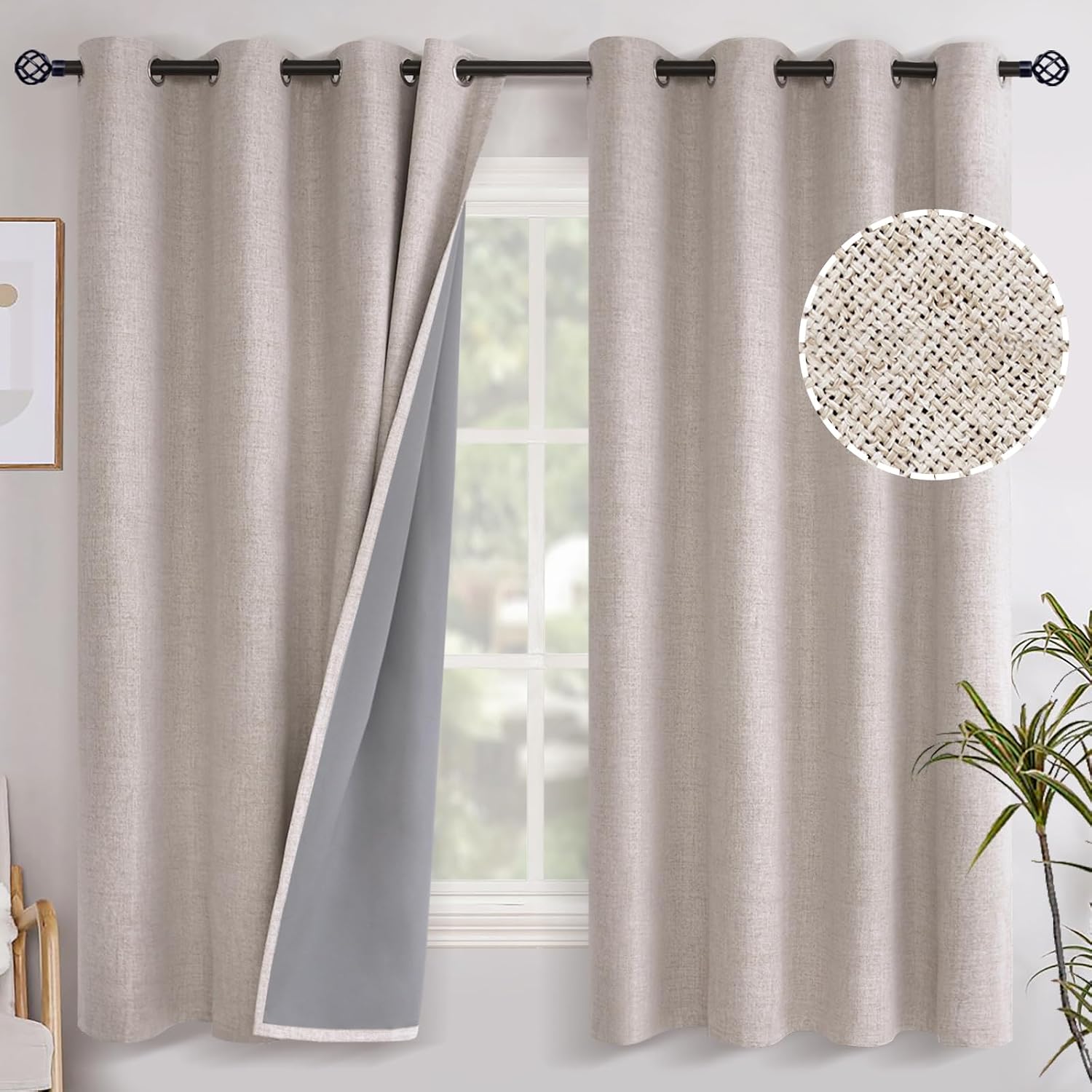 YoungsTex Linen Blackout Curtains 63 Inch Length for Bedroom, Room Darkening Window Drapes with Grommet Thermal Insulated Black Out Blinds…