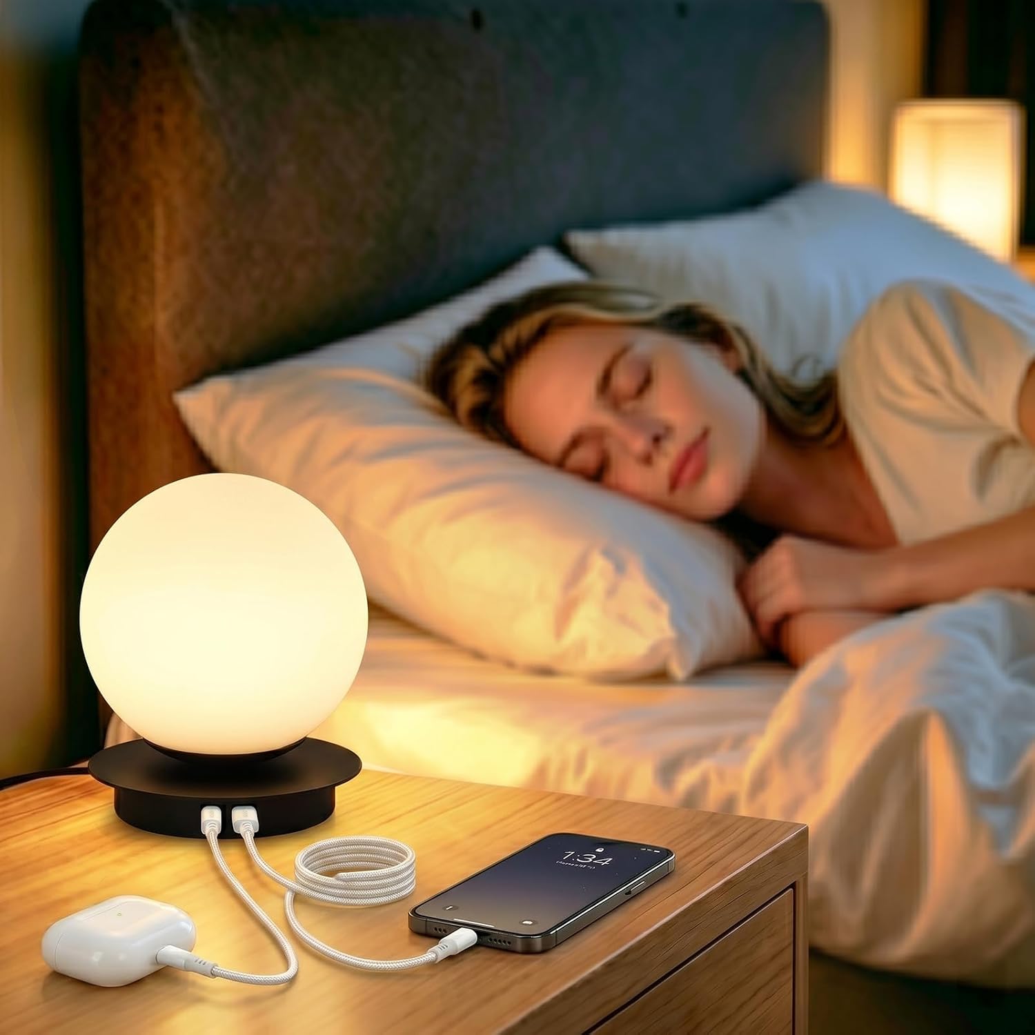 Touch Bedside Table Lamp, Matte Black Modern Small Nightstand Lamp for Bedroom Living Room Kids Room, Milky White Globe Glass Desk Lamp…