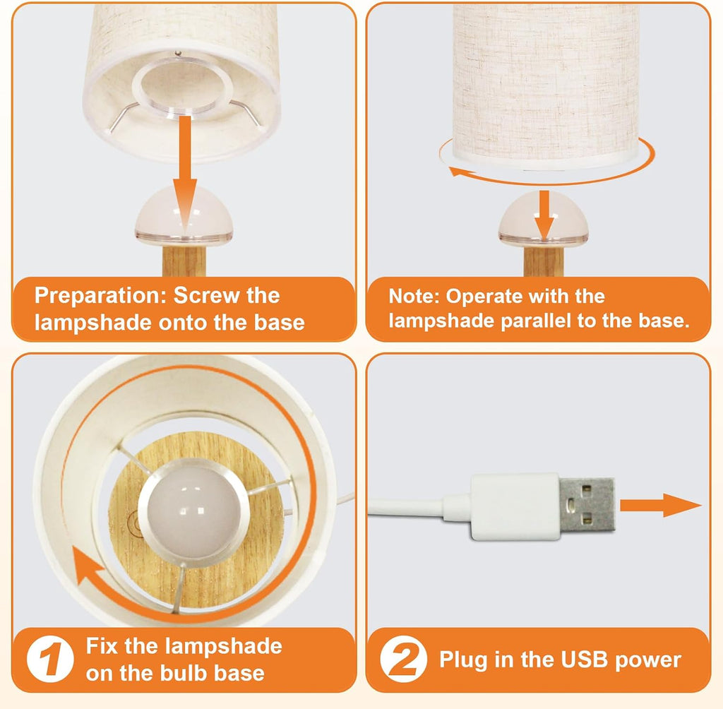 Small Touch Table Lamp with Stepless Dimming&USB Plug, Natural Round Wood Base&Linen Fabric Shade |Soft Ambient Warm Night…