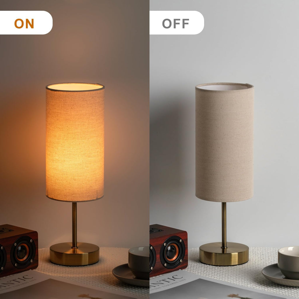 Small Side Table Lamp for Bedroom Night Stands, Round Linen Shade and Antique Brass Metal Base, Retro Minimalist Bedside Lamps for…