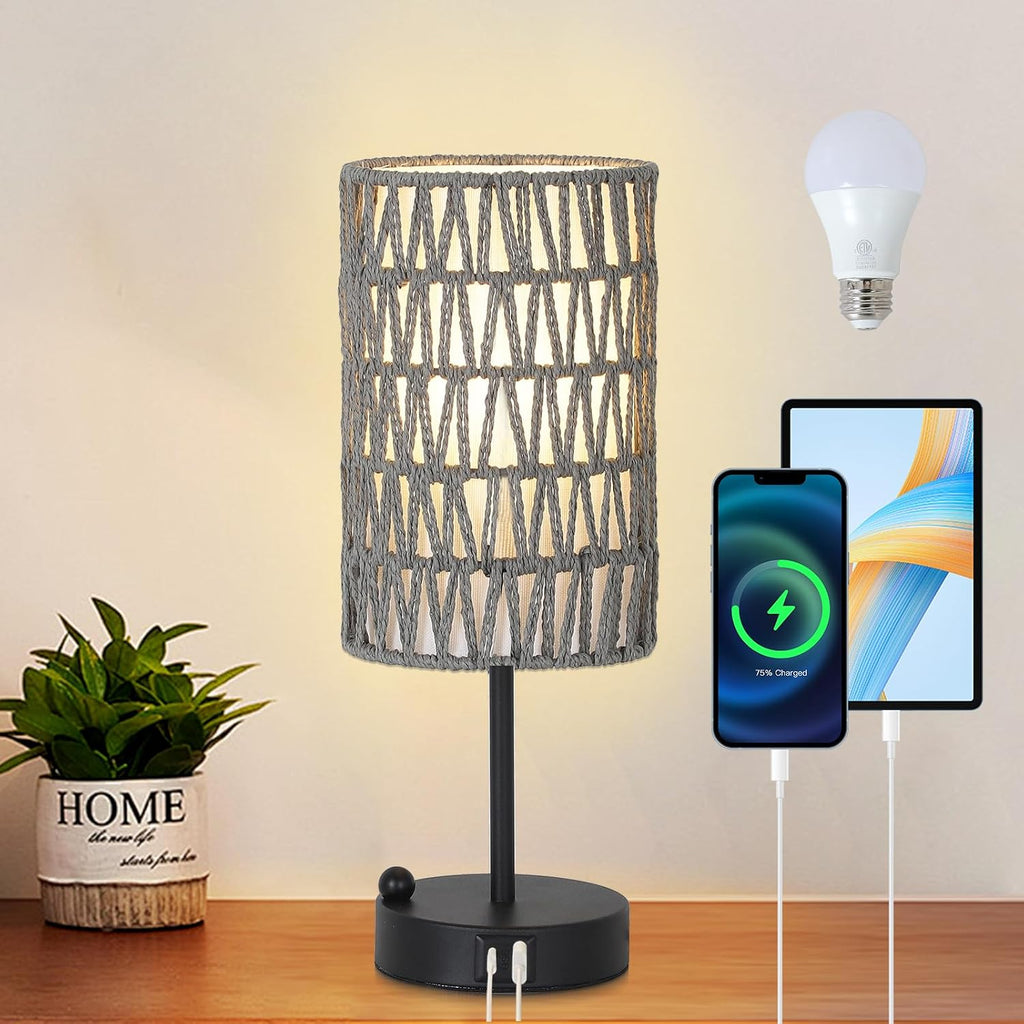 Touch Bedside Lamp For Bedroom with Bulb, Gray Boho Small Table Lamp For Living Room With Rattan & Linen Shade, 3 Way Dimmable Table Lamp…
