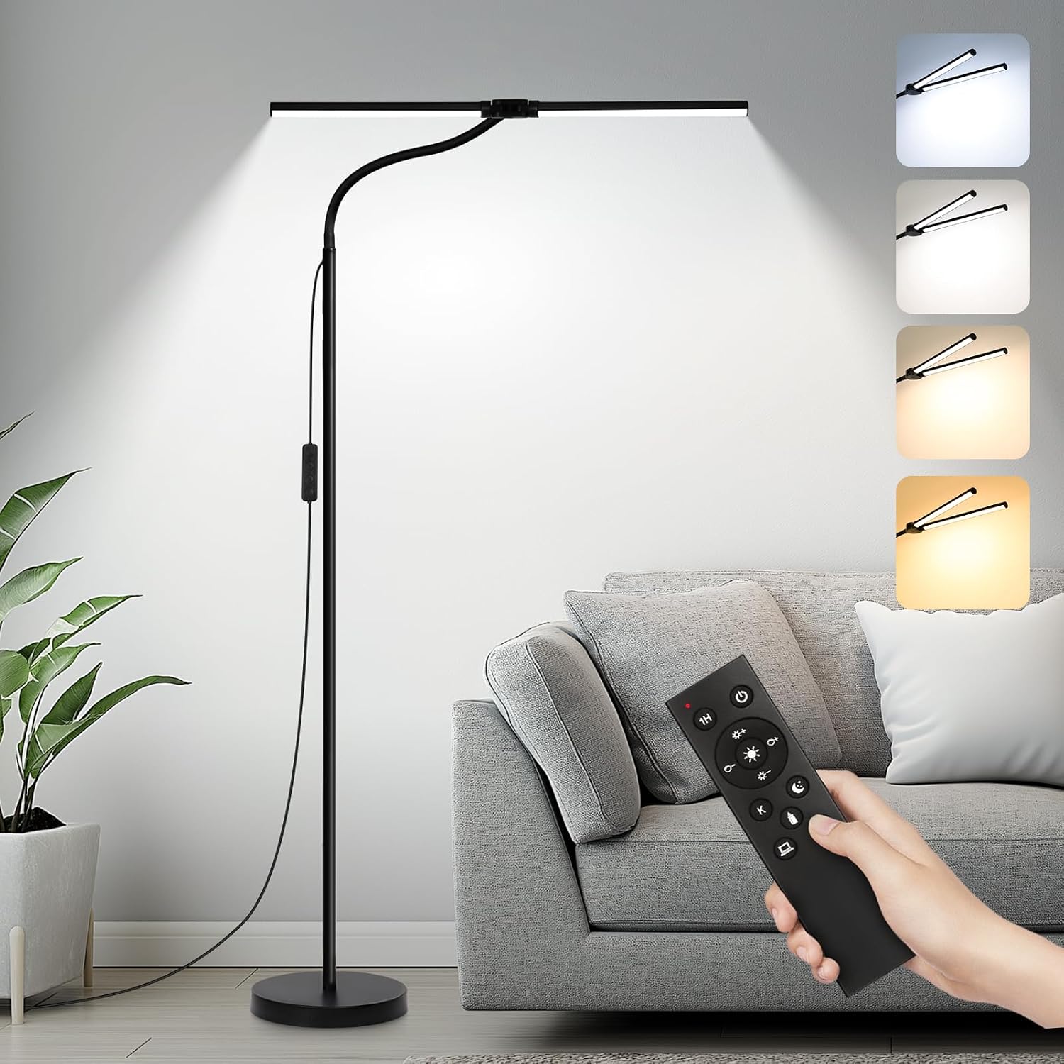 LED Floor Lamp with Remote Control, Bright 18W Floor Lamps for Living Room with Double Head, Adjustable Gooseneck Standing Lamp, Eye…